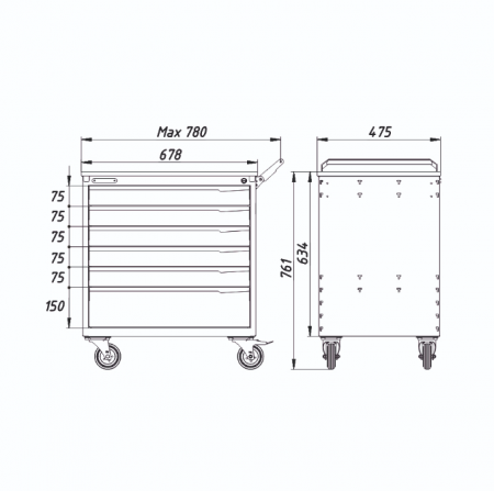 Тумба для инструментов, 6 выдвижных ящиков PowerMechanics-STW11161001DB