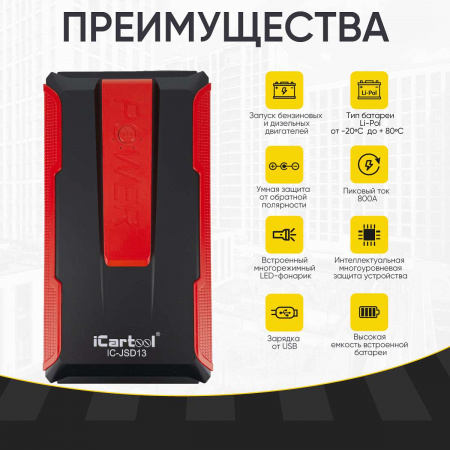 IC-JSD13 Пусковое устройство 12В, 7 200 мАч, 400/800А iCartool IC-JSD13