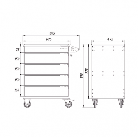 Тумба для инструментов, 5 выдвижных ящиков PowerMechanics-STW10051001DR